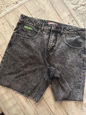 Empyre Washed Black Denim Shorts with Green Logo